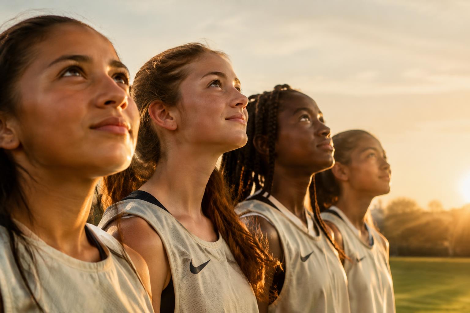 Young athletes looking ahead at golden hour